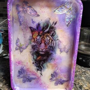 Purple Tiger and Butterfly Decorative Tray